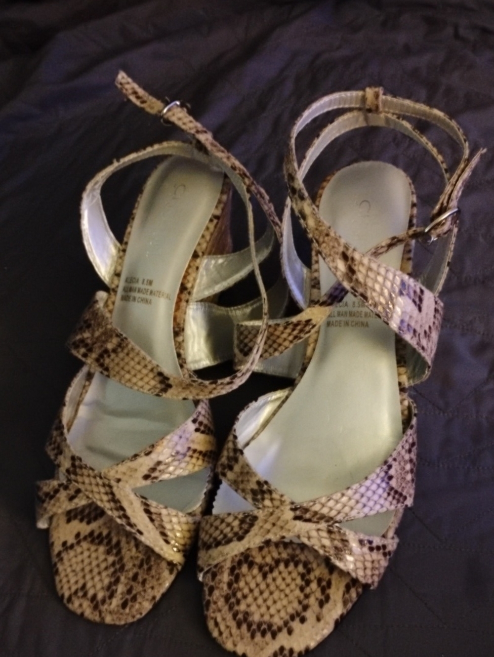 Strappy Snake-Print Heeled Sandals in Beige/Brown